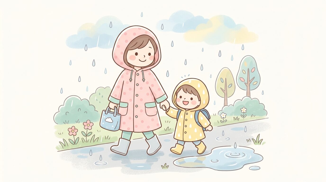 雨の日にレインコートを着た親子が水たまりを避けながら歩いている様子