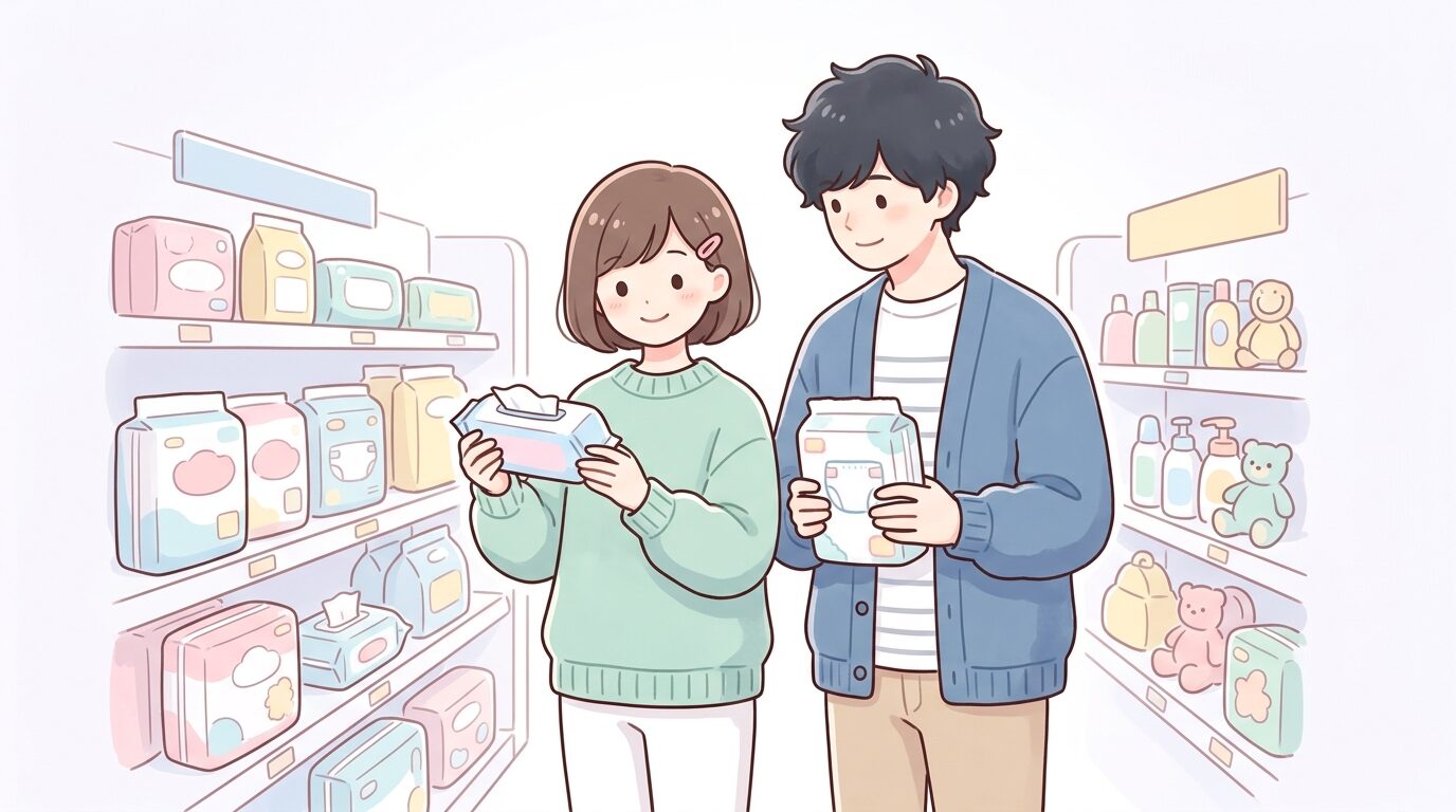 家電量販店のベビー用品コーナーでおむつやおしりふきを手に取る若い夫婦