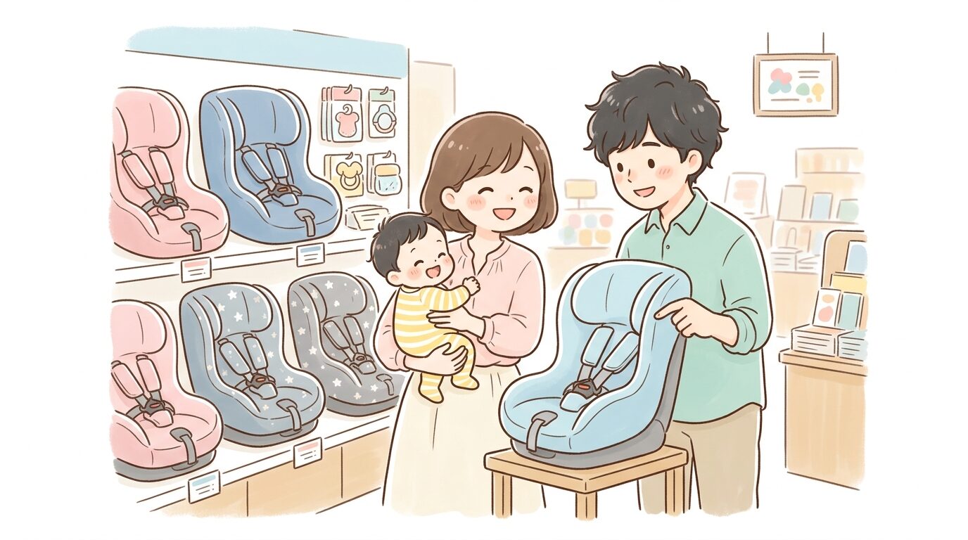 店舗のベビー用品コーナーでチャイルドシートを比較検討する両親と赤ちゃん