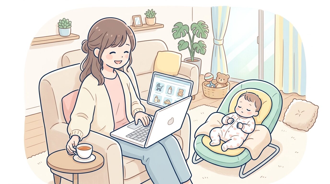 リビングでノートパソコンを使い育児用品のオンライン注文をする親と隣で眠る赤ちゃん