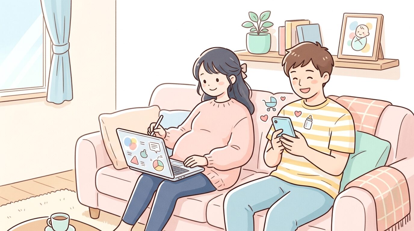 リビングでノートパソコンを見ながら微笑む妊娠中の女性とスマートフォンを持つパートナー