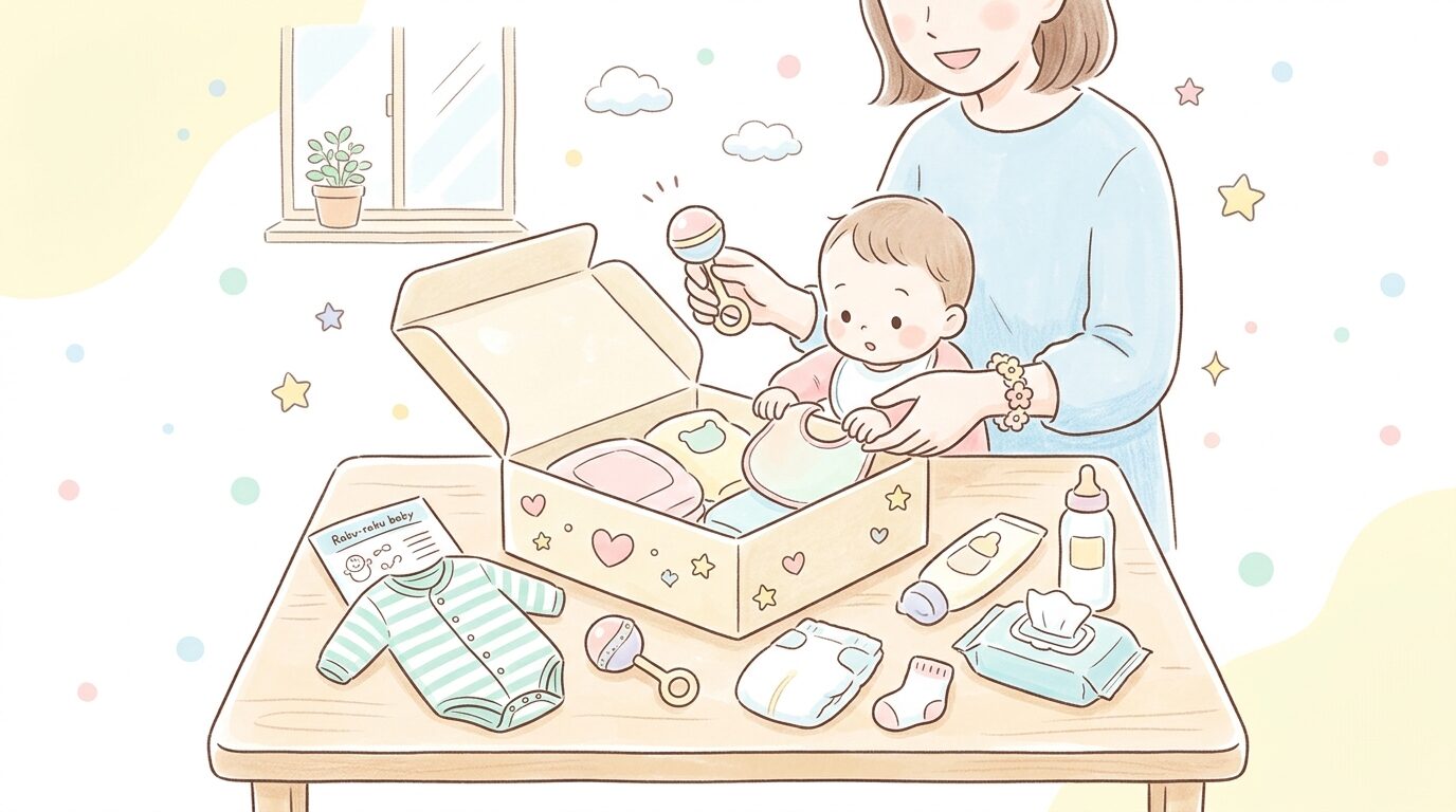 段ボール箱から出産準備お試しボックスの中身を取り出して確認する親子の手元