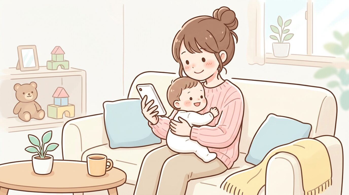 リビングでスマートフォンを操作しながら赤ちゃんを抱っこする20代女性の柔らかな表情
