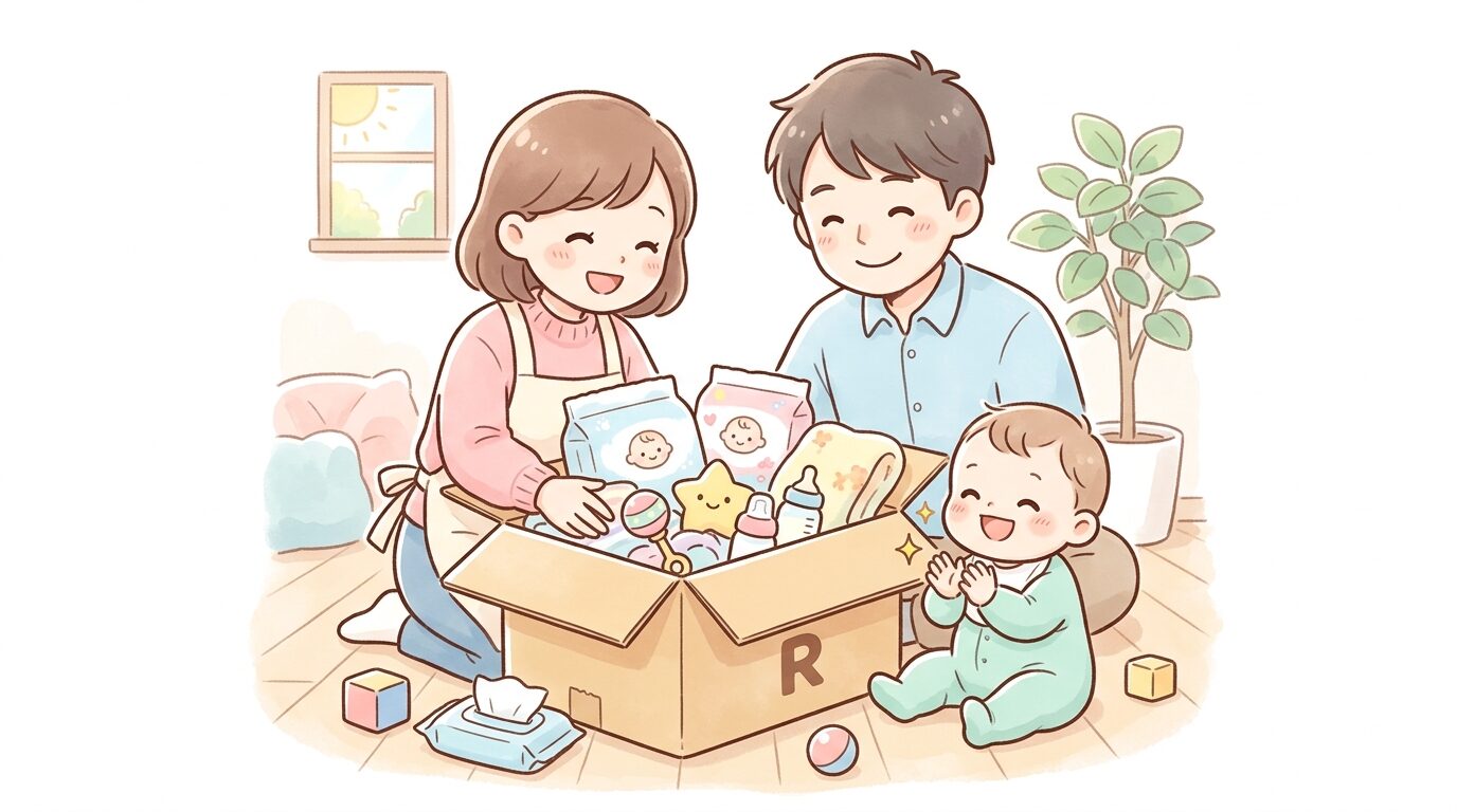赤ちゃんのおむつやベビー用品が入った段ボール箱を開封する幸せそうな家族の様子