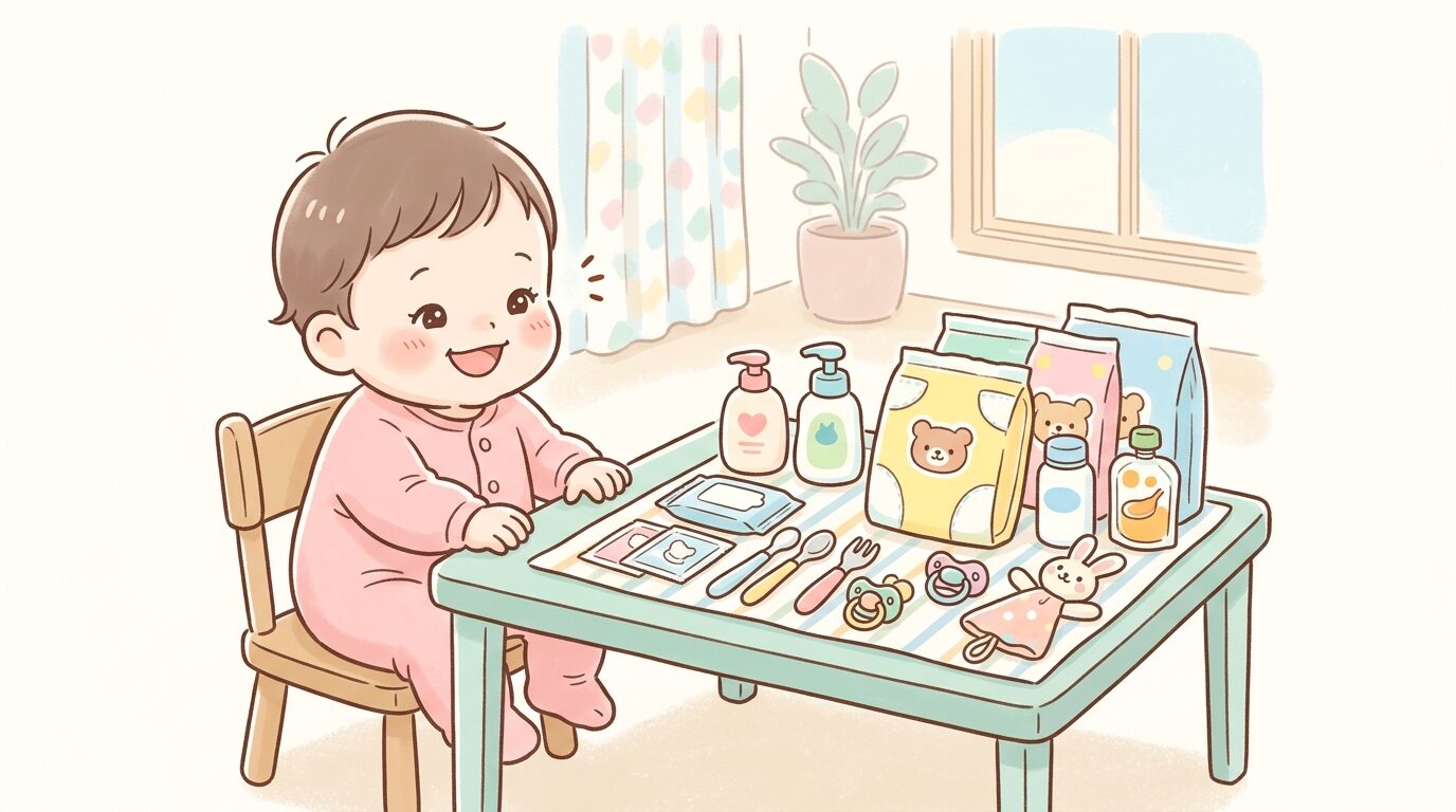 テーブルに並べられたベビー用品サンプルセットとにこやかな乳児の笑顔