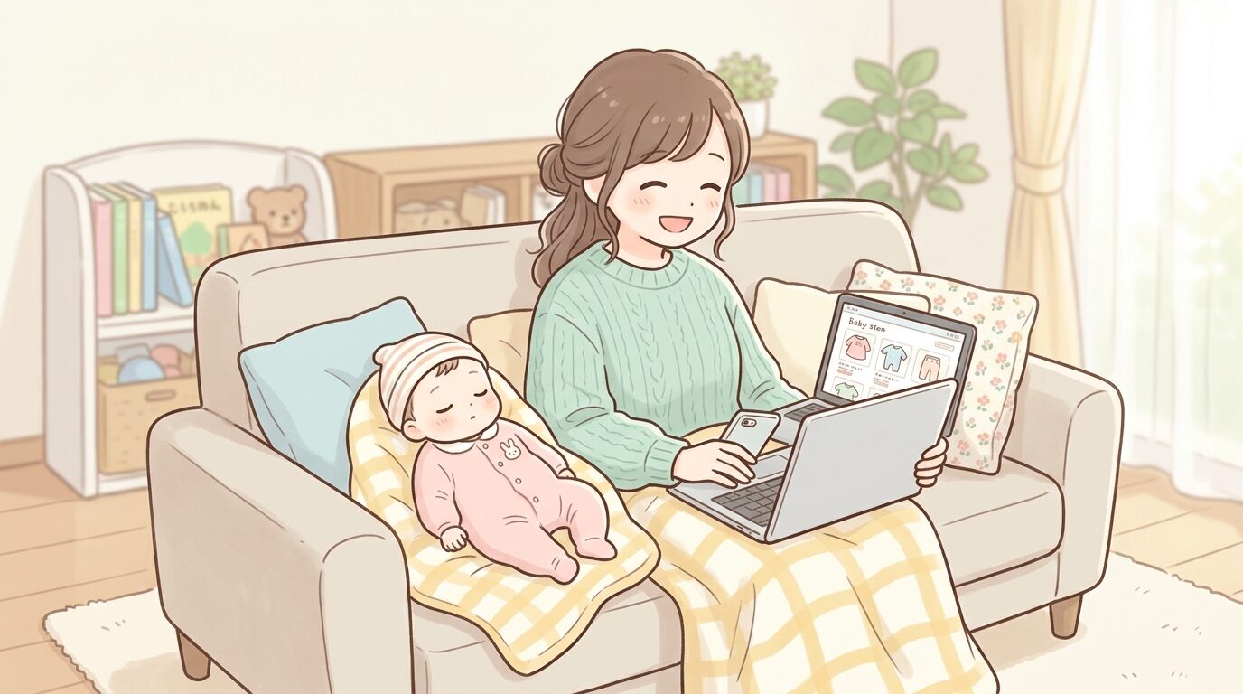 リビングのソファでノートパソコンを見ながら赤ちゃん服を選ぶ笑顔の母親、隣に眠る赤ちゃん