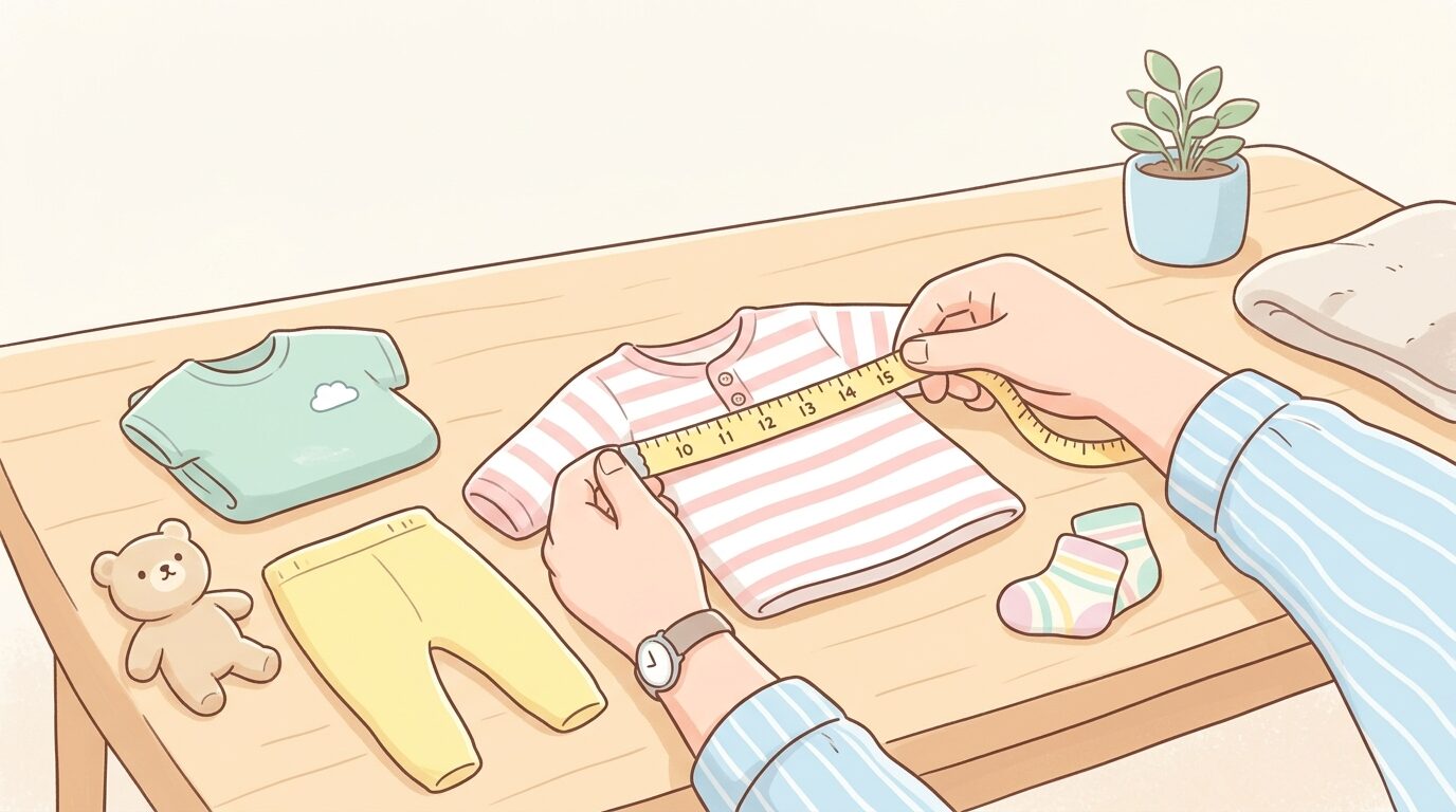 メジャーで子どもの服を採寸する父親の手元、テーブルに広げられたベビー服