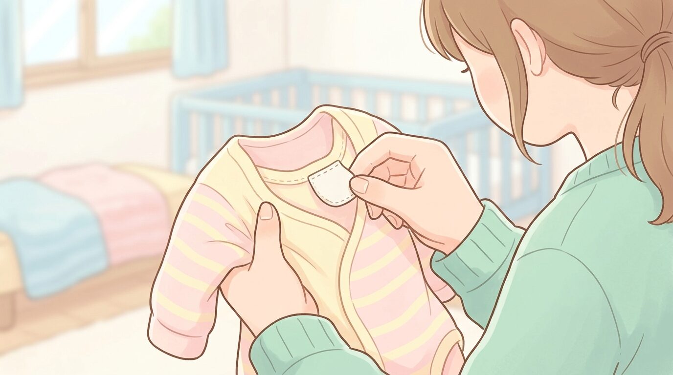 赤ちゃんの柔らかい肌着のタグを確認する母親の手元アップ