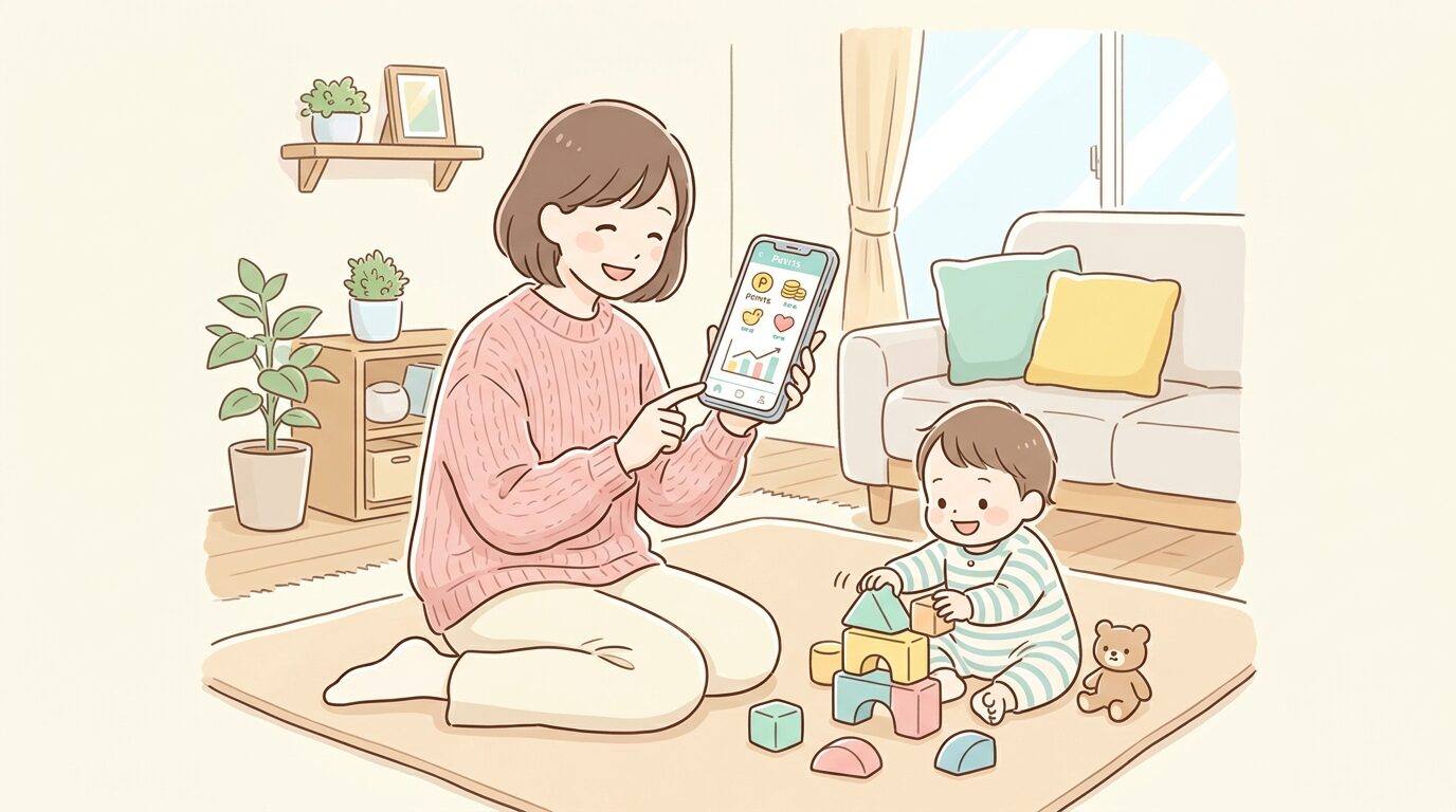 リビングでスマートフォンを見ながら微笑む30代の母親と、そばで遊ぶ1歳児
