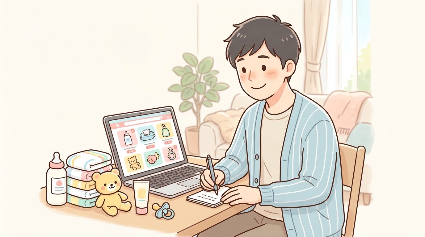 ノートパソコンでオンラインショッピングの画面を見ながらメモを取る父親、隣に赤ちゃん用品が並ぶ