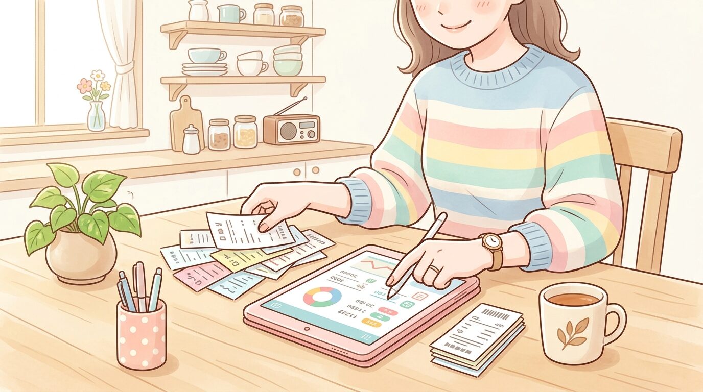 明るいキッチンでレシートを整理しながらタブレットで家計簿をつける女性の手元