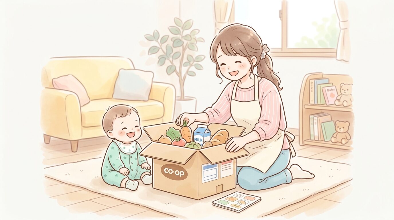 リビングで宅配された生協のダンボールを開ける赤ちゃん連れの母親の笑顔