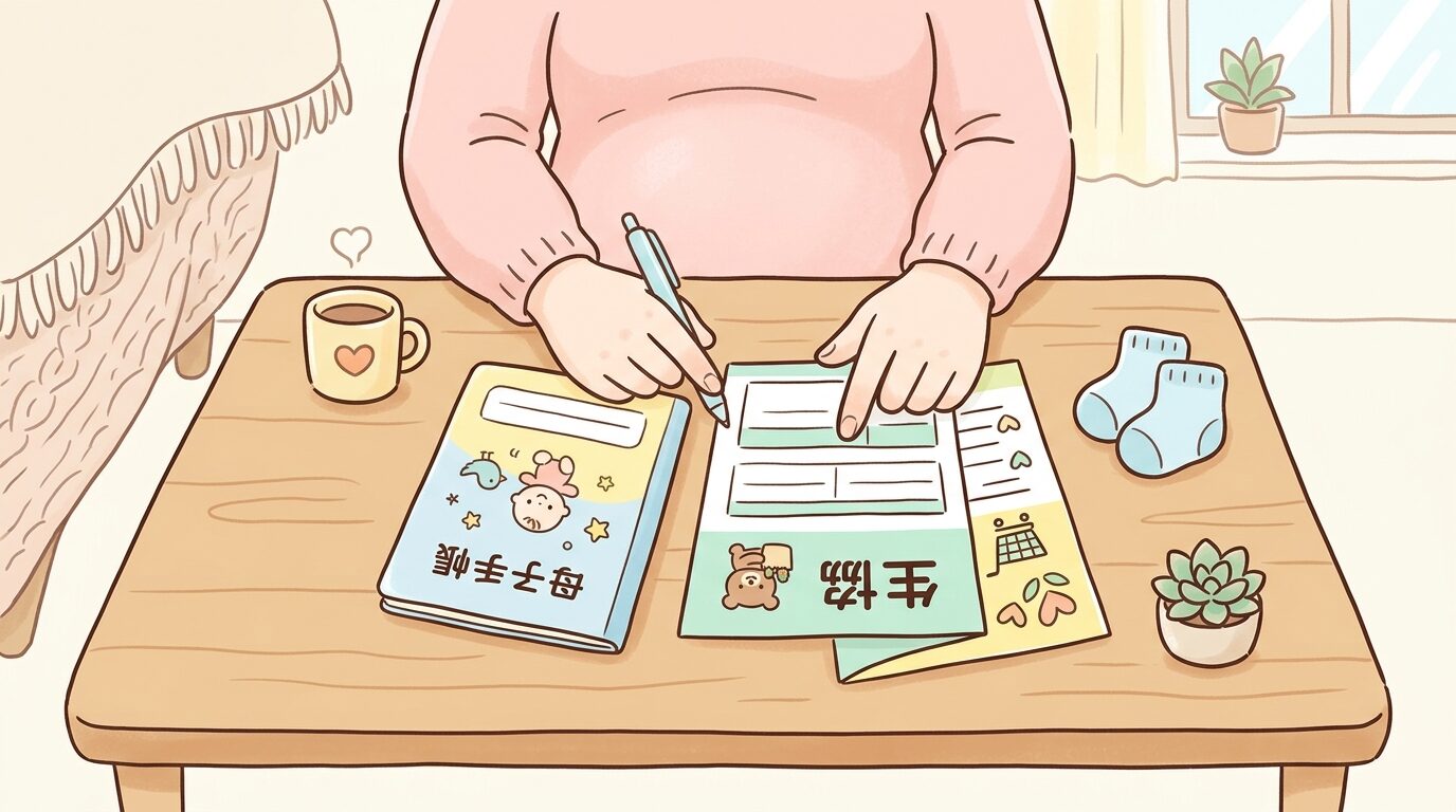 テーブルの上で母子手帳と生協の申込書類を並べて確認する妊婦の手元