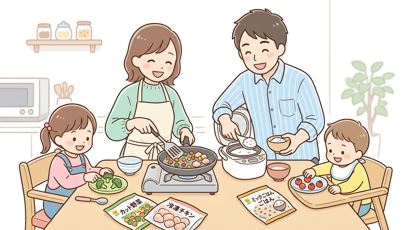 冷凍ストック食材を使って子どもと一緒に食卓の準備をする家族の様子