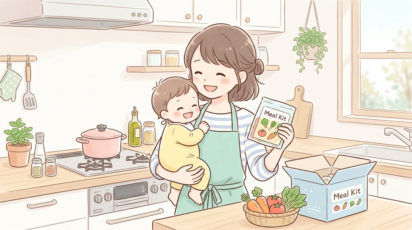 キッチンで小さな子どもを抱っこしながらミールキットの食材を手に持つ母親、明るく温かみのある雰囲気