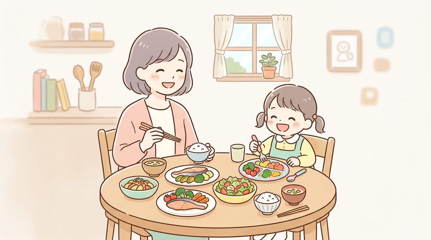 ダイニングテーブルで親子が一緒に彩り豊かな料理を囲んで笑顔で食事をしているシーン