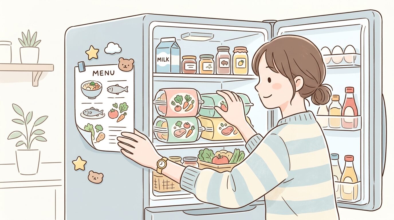 冷蔵庫にストックされたミールキットのパッケージと献立表を確認する女性の手元