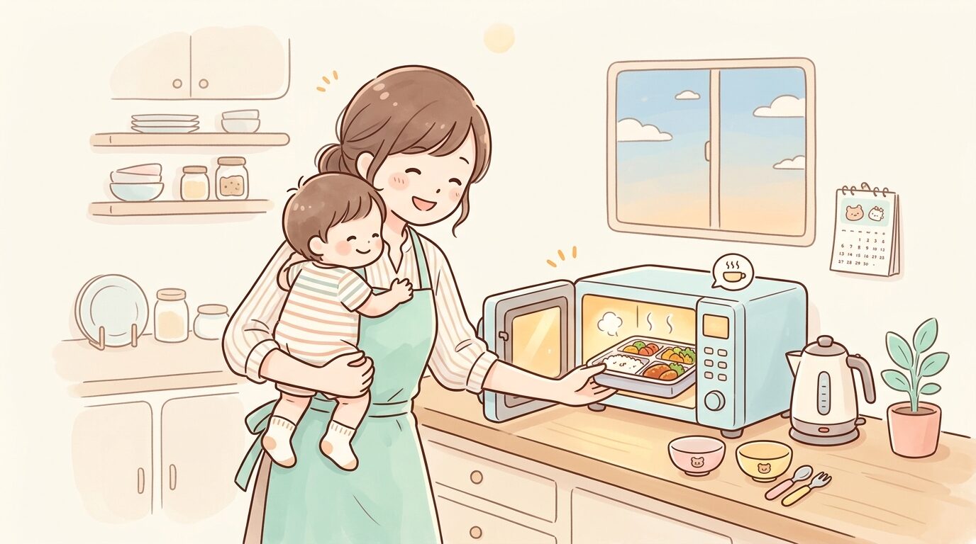 共働きで忙しい夕方、キッチンで子どもを抱っこしながらレンジで温めた冷凍弁当を用意する母親の様子