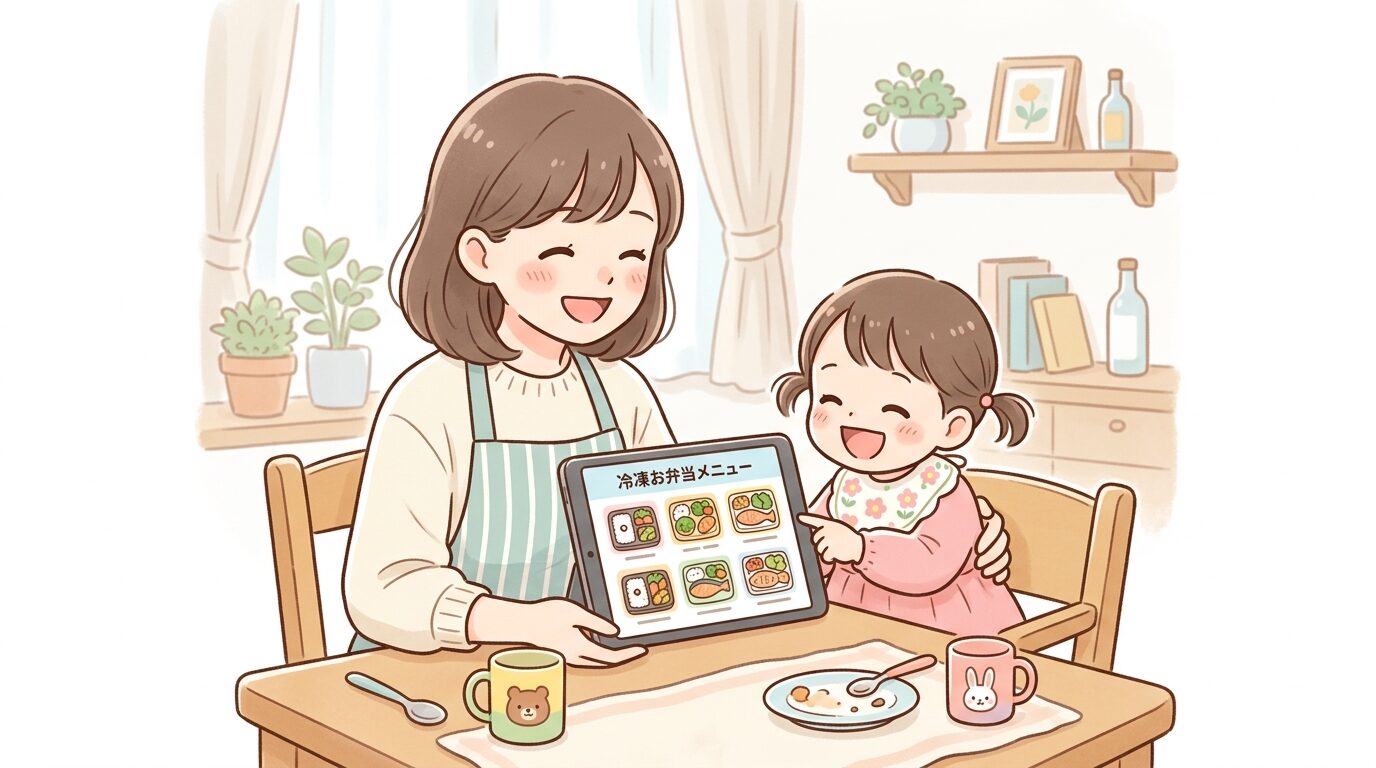 ダイニングテーブルで幼い子どもと一緒に冷凍弁当のメニューをタブレットで選んで笑い合う親子