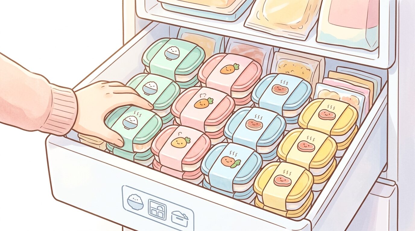 冷凍庫にきれいに並べられた複数の宅配弁当パッケージと、それを整理する親の手元
