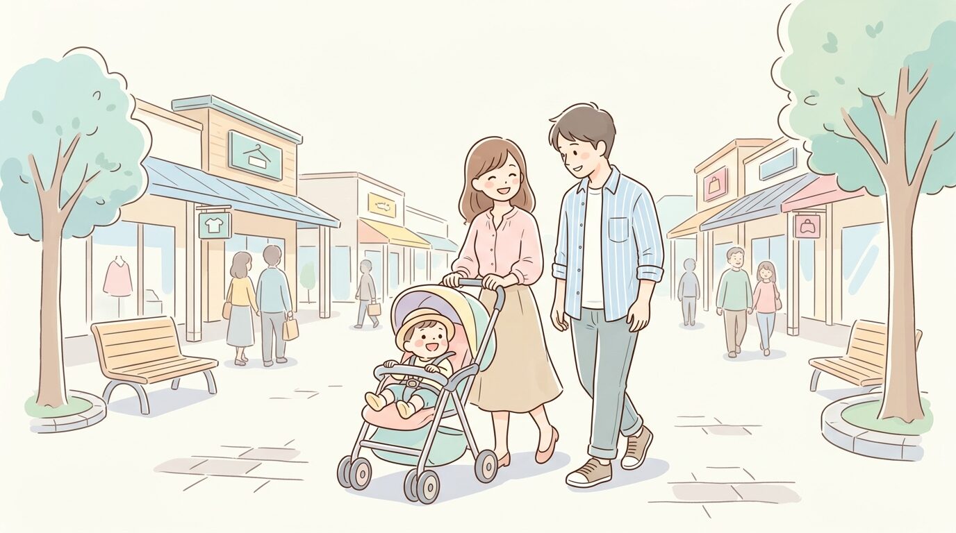 広々としたアウトレットモールの屋外通路をベビーカーを押しながら歩く若い夫婦と幼児
