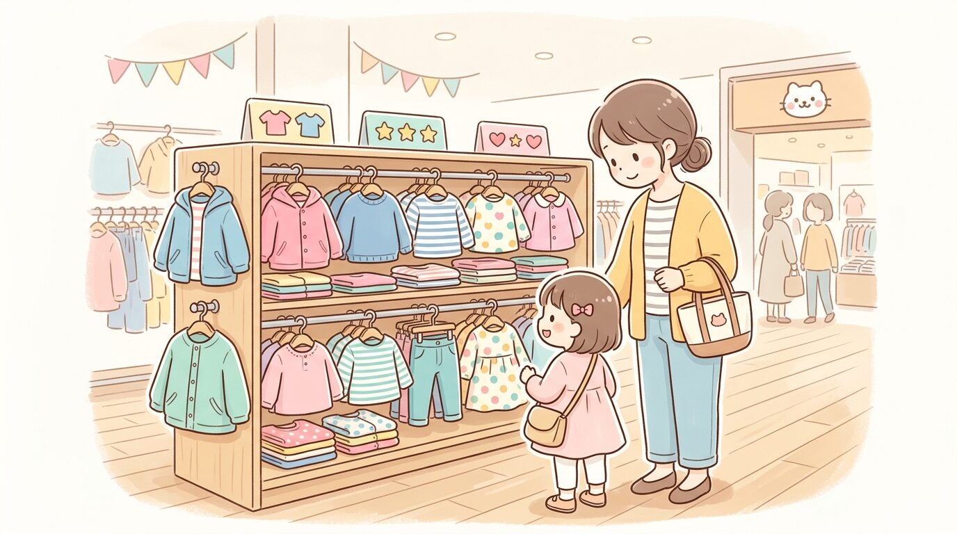 アウトレットモールの店内で色とりどりの子ども服が並ぶ陳列棚を見る親子の後ろ姿