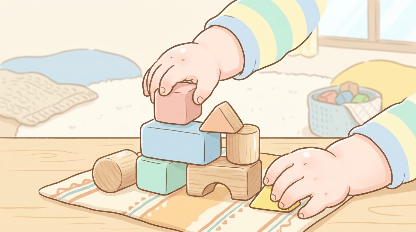 木のぬくもりが感じられる積み木やつみきで遊ぶ1歳児の赤ちゃんの手元