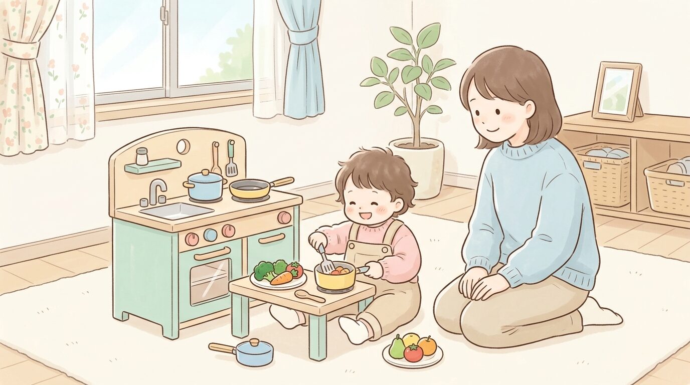 リビングでおままごとセットを使って遊ぶ2歳くらいの子どもと見守る母親の様子