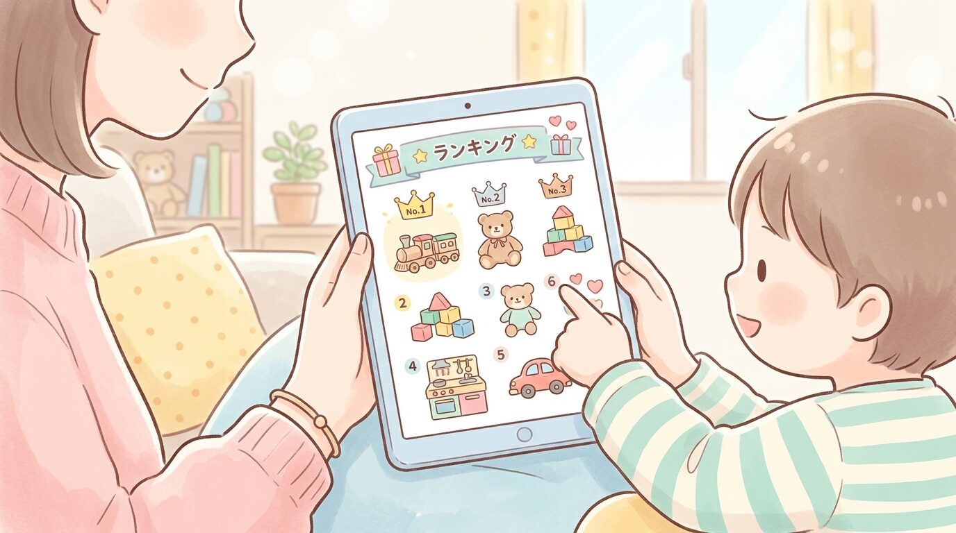 タブレットでふるさと納税サイトのおもちゃランキングを親子で見ている親の手元
