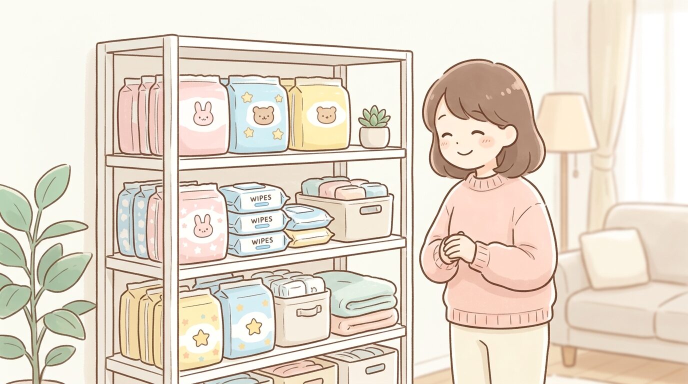 リビングの収納棚に整理されたおむつやおしりふきのストックを見て微笑む母親