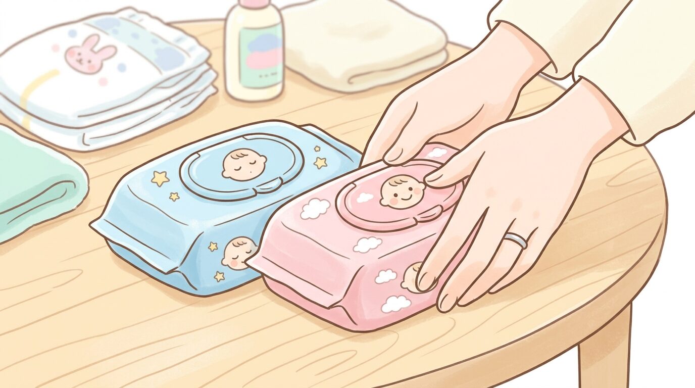 密閉フタを取り付けたおしりふきのパッケージをテーブルに並べる手元のクローズアップ