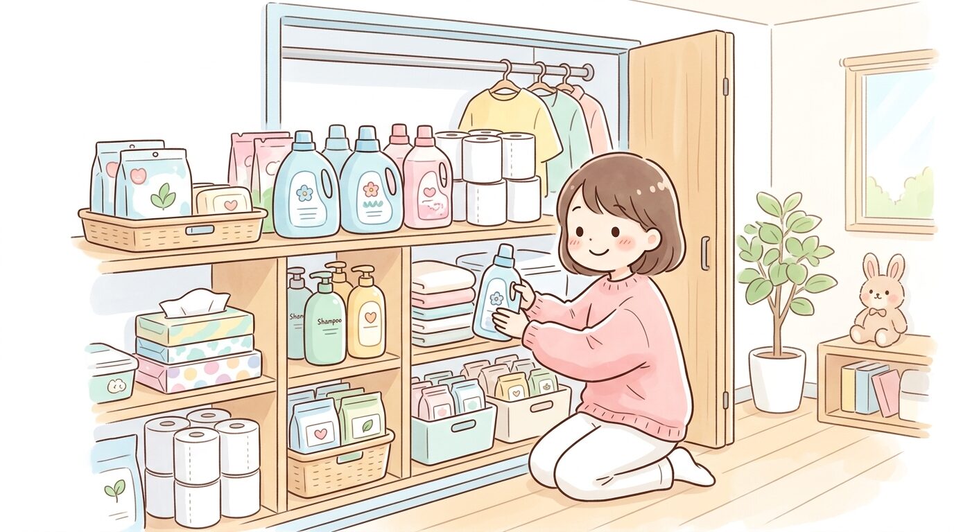 クローゼットの収納スペースに洗剤や日用品のストックを整理して並べる様子