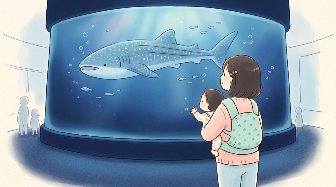 暗めの照明の中でジンベエザメが泳ぐ巨大水槽を見上げる赤ちゃんと母親の後ろ姿