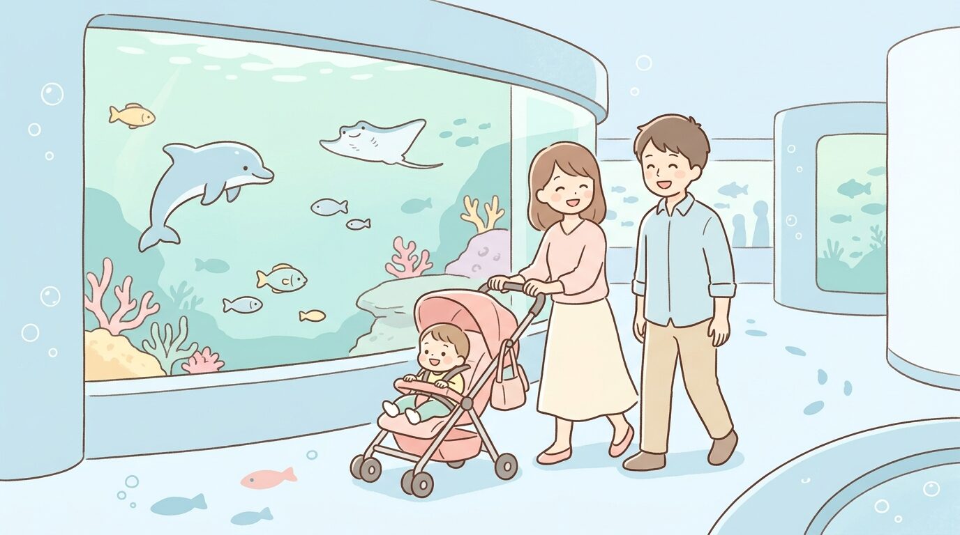 平日の午前中に空いている水族館の通路をベビーカーでゆったり歩く家族連れ