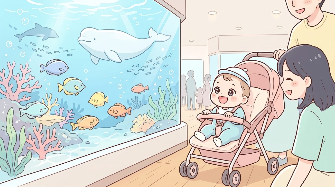 大きな水槽の前でベビーカーに乗った赤ちゃんが目を輝かせて魚を見つめている様子