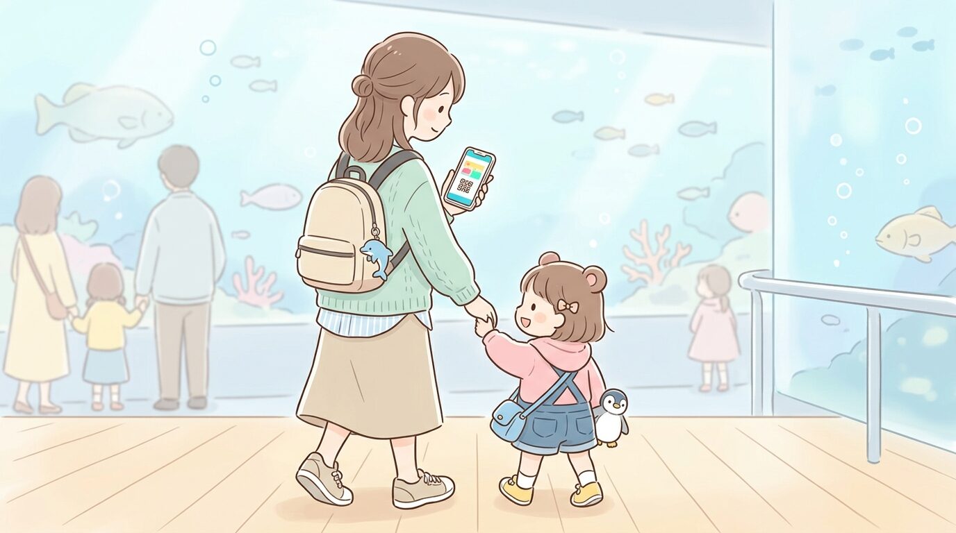 スマートフォンで水族館の電子チケット画面を確認しながら子どもの手を引く親の後ろ姿