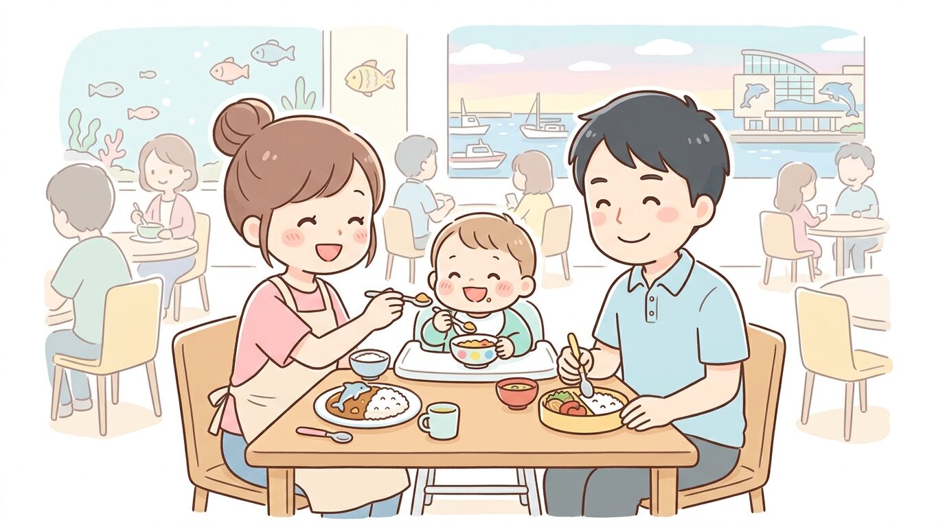 JETTYのフードコートでベビーチェアに座った幼児と一緒に食事を楽しむ家族