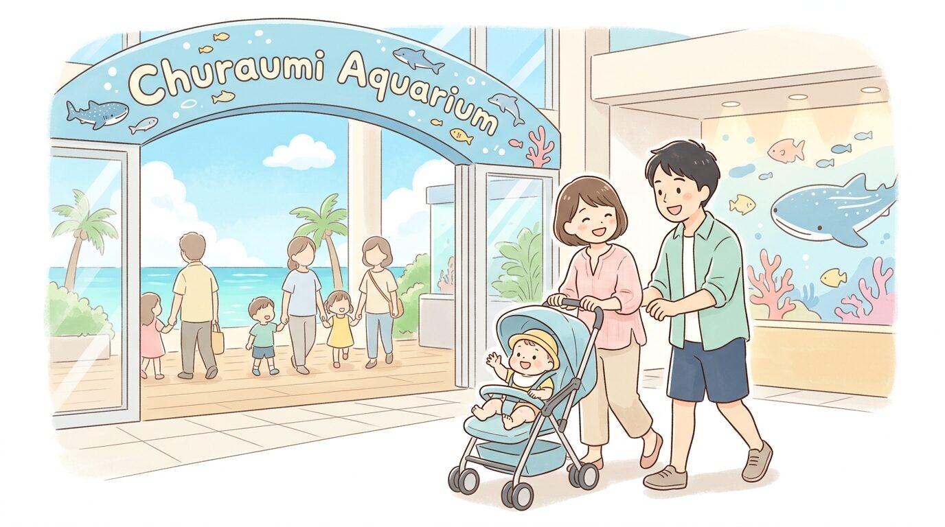 明るい水族館のエントランスでベビーカーを押しながら入館する若い夫婦と赤ちゃん