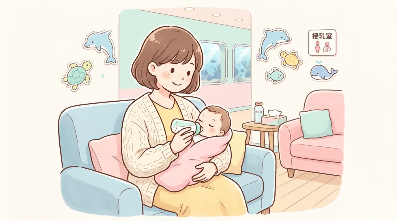 水族館の授乳室でソファに座り赤ちゃんにミルクをあげる母親の穏やかな表情