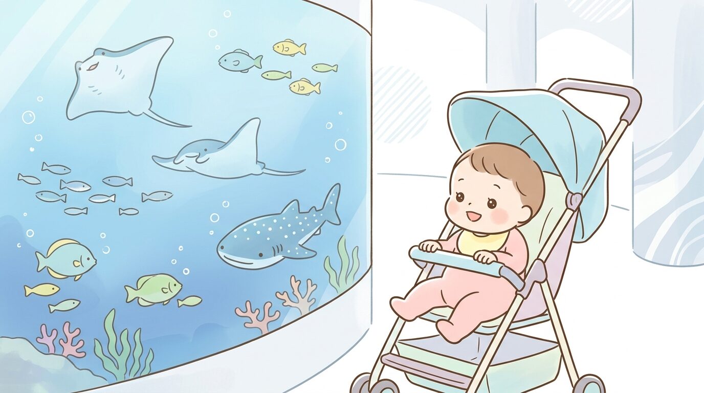 巨大な水槽の前でベビーカーに乗った赤ちゃんが目を輝かせて魚を見つめている様子