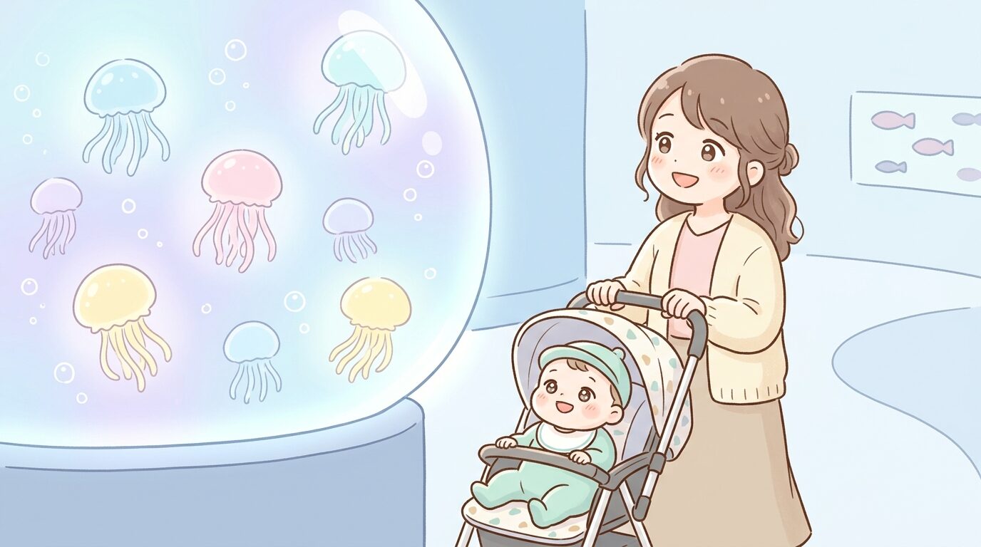 ベビーカーを押しながら幻想的なクラゲの水槽を見上げる母親と1歳くらいの赤ちゃん