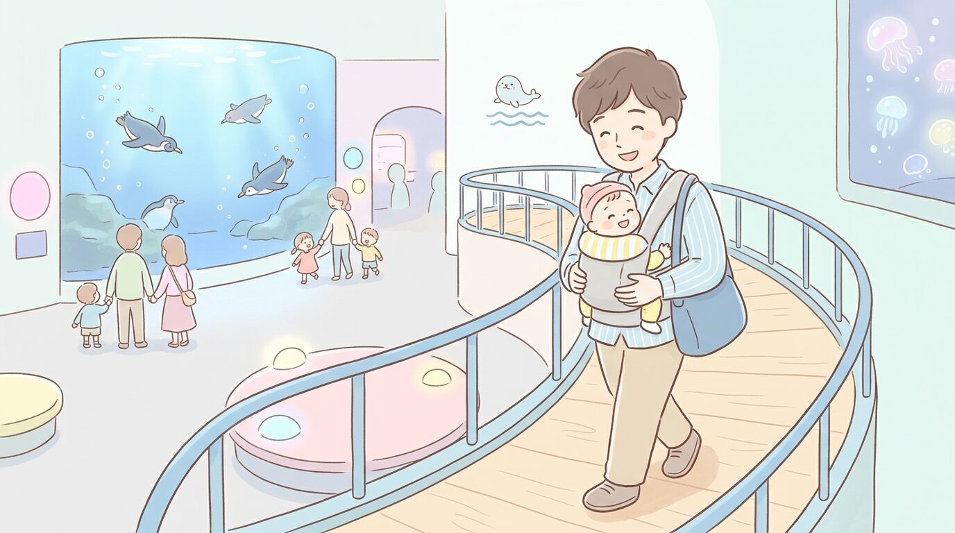 すみだ水族館のスロープを抱っこ紐で赤ちゃんを抱えた父親が笑顔で歩く様子