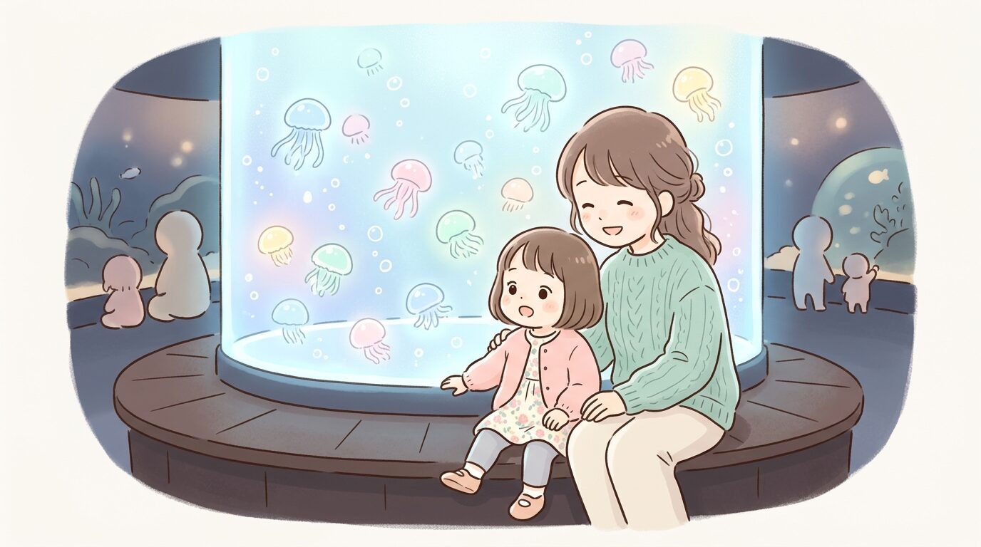 ふわふわ漂うクラゲの水槽の前に座り、興味深そうに見つめる2歳くらいの子どもと母親