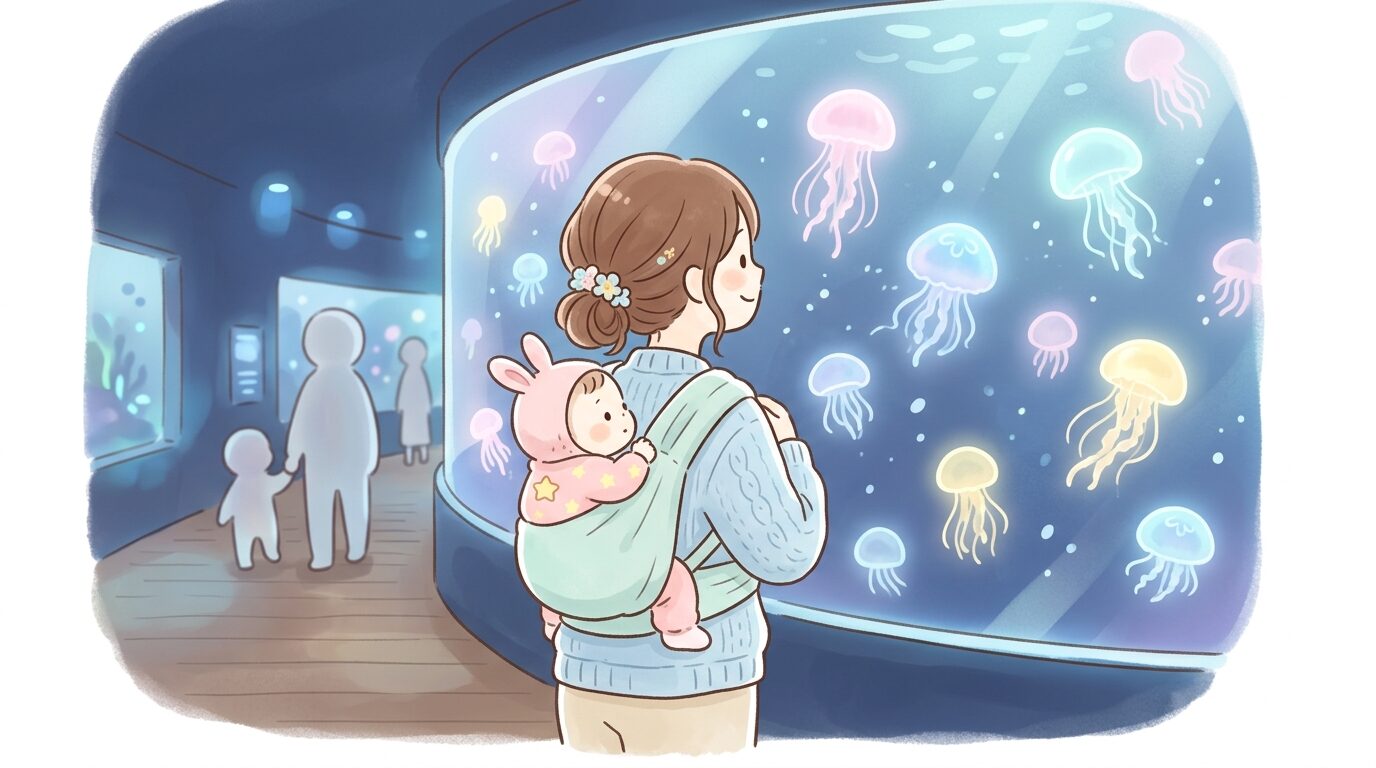 サンシャイン水族館のクラゲの展示エリアを見つめる赤ちゃんを抱っこするママの後ろ姿