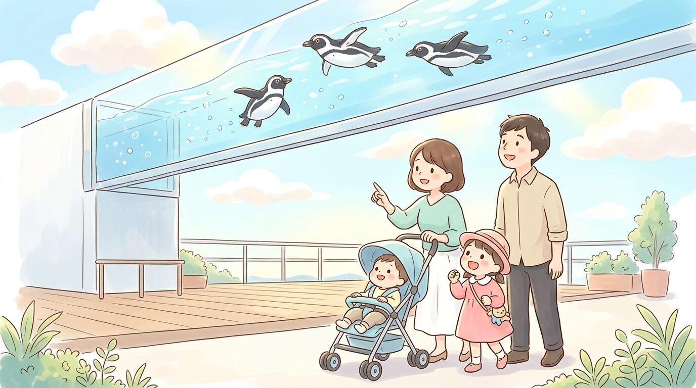 屋外エリアでケープペンギンが空を泳ぐように展示される水槽をベビーカーの子どもと一緒に見上げる家族