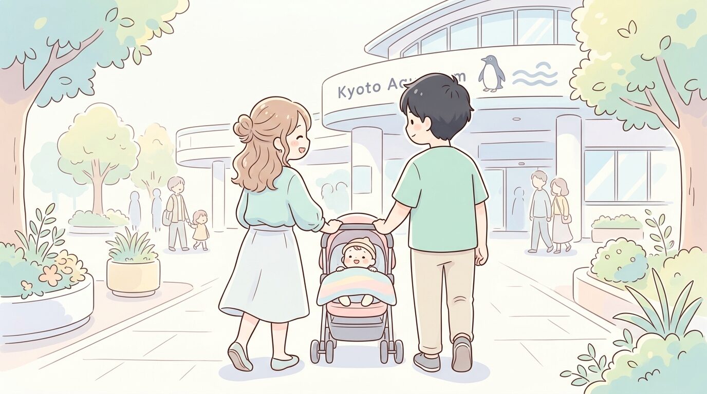 京都水族館の入口付近でベビーカーを押す若い夫婦と赤ちゃんの後ろ姿