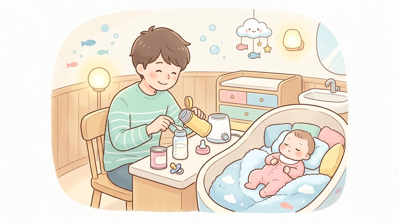 ベビールームでミルクを作るお父さんと隣で眠る赤ちゃん、あたたかい照明の室内