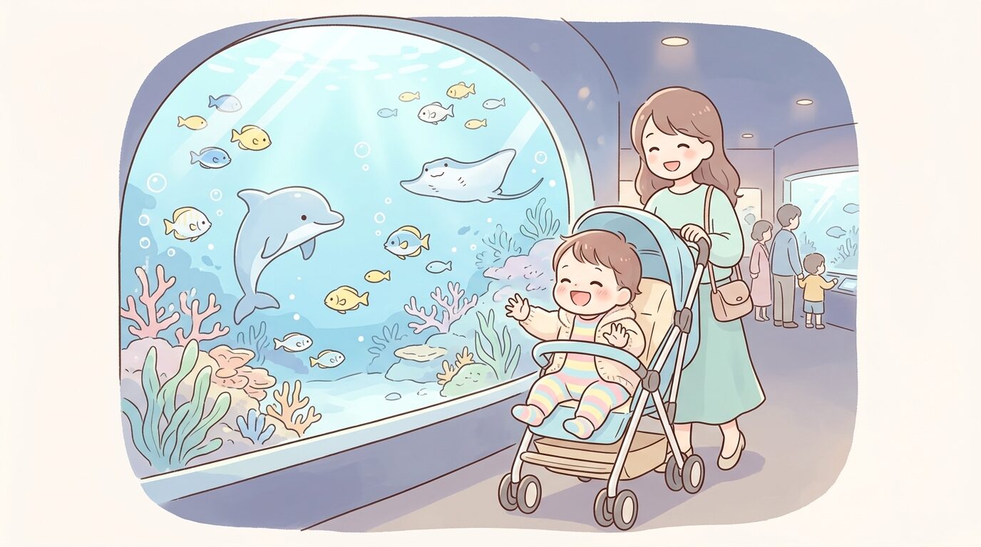 水族館の館内でベビーカーに乗った1歳児が水槽を見つめて笑っている様子
