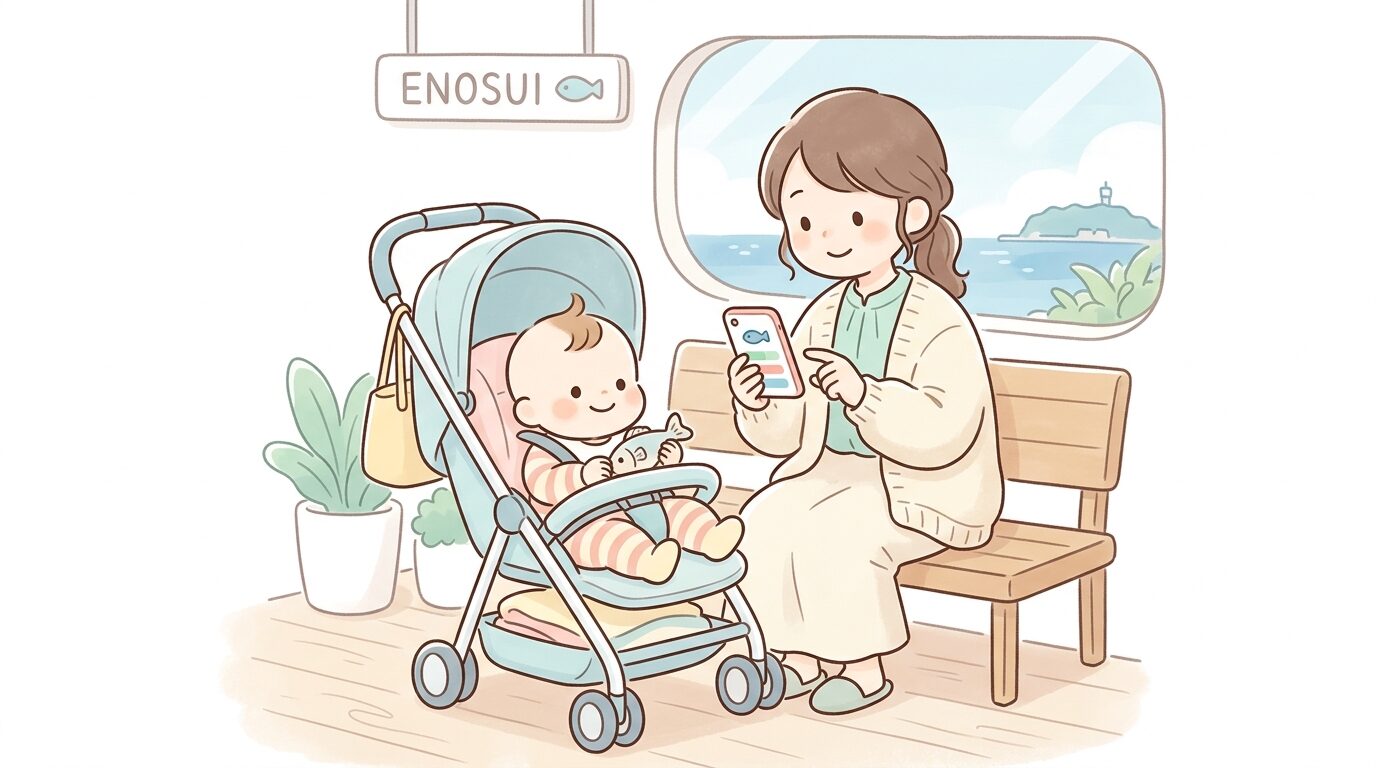 水族館の待合スペースでベビーカーに座る赤ちゃんと、スマートフォンで公式サイトの混雑情報を確認する母親