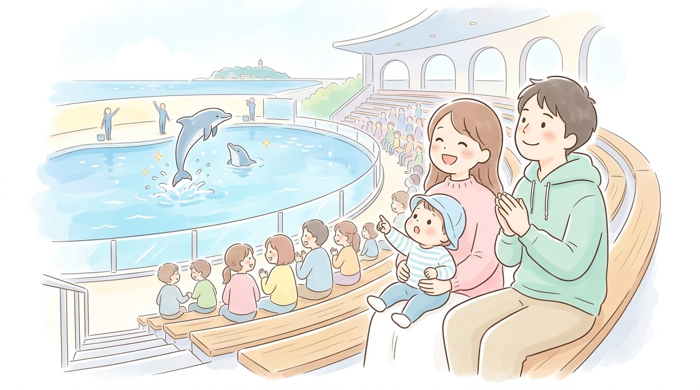 イルカショースタジアムの後方席で、幼児を膝に乗せながらイルカのジャンプを楽しそうに見上げる家族